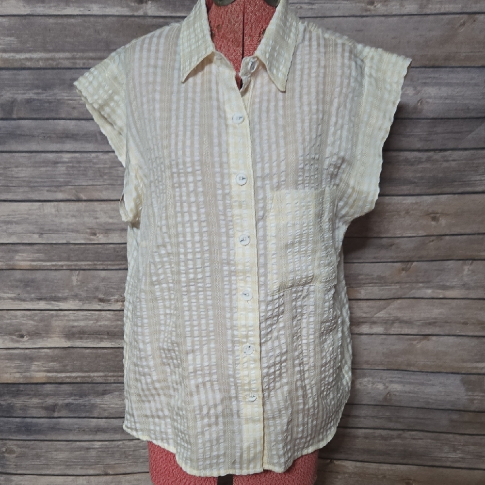 White and Pink Boxy Button Down Shirt with Notched Collar